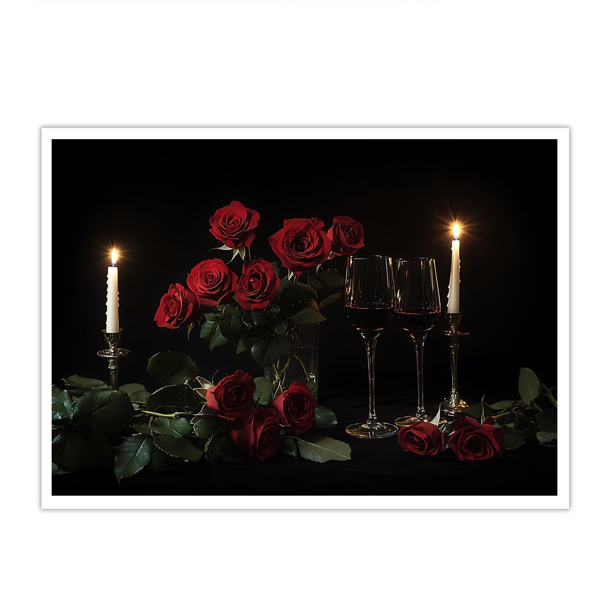 CHERHERART Romantic Candlelight Dinner Canvas Picture Canvas Wall Art Red Roses Glasses Modern Artwork for Dining Room Bedroom Poster Prints 35x55cm Frameless