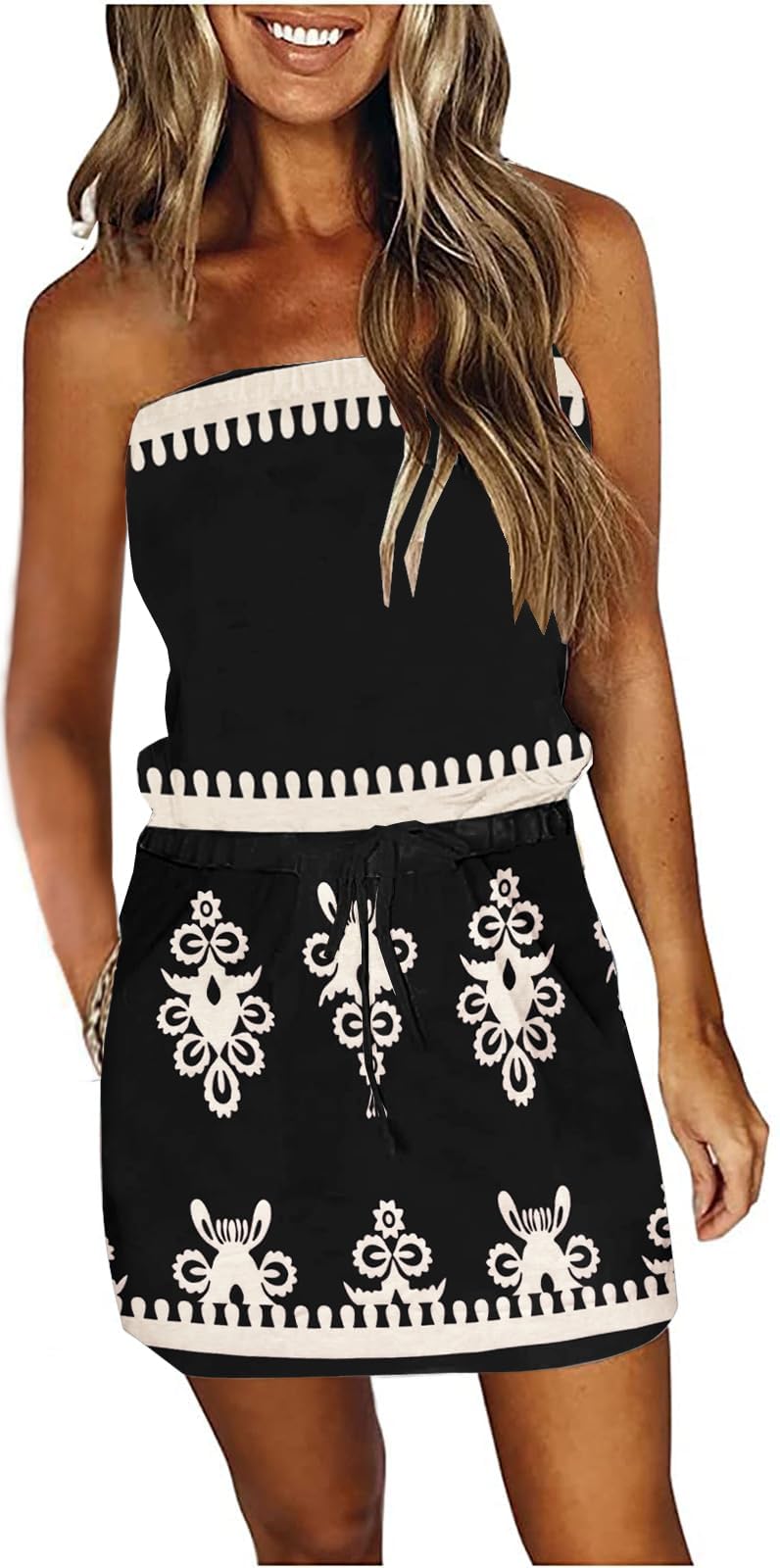 SAUKOLE Summer Dress for Women Strapless Beach Cover Ups Boho Sundress Mini Dress Drawstring Waist with Pockets