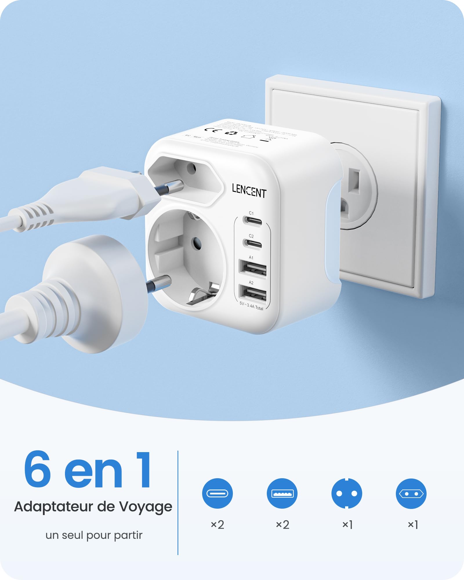 LENCENT Adaptateur Prise USA Adaptateur Prise Canada Americaine US avec USB C Adaptateur de Voyage Type B Adapter Chargeur pour États-Unis New York Canada Mexique Thailande Republique Dominicaine