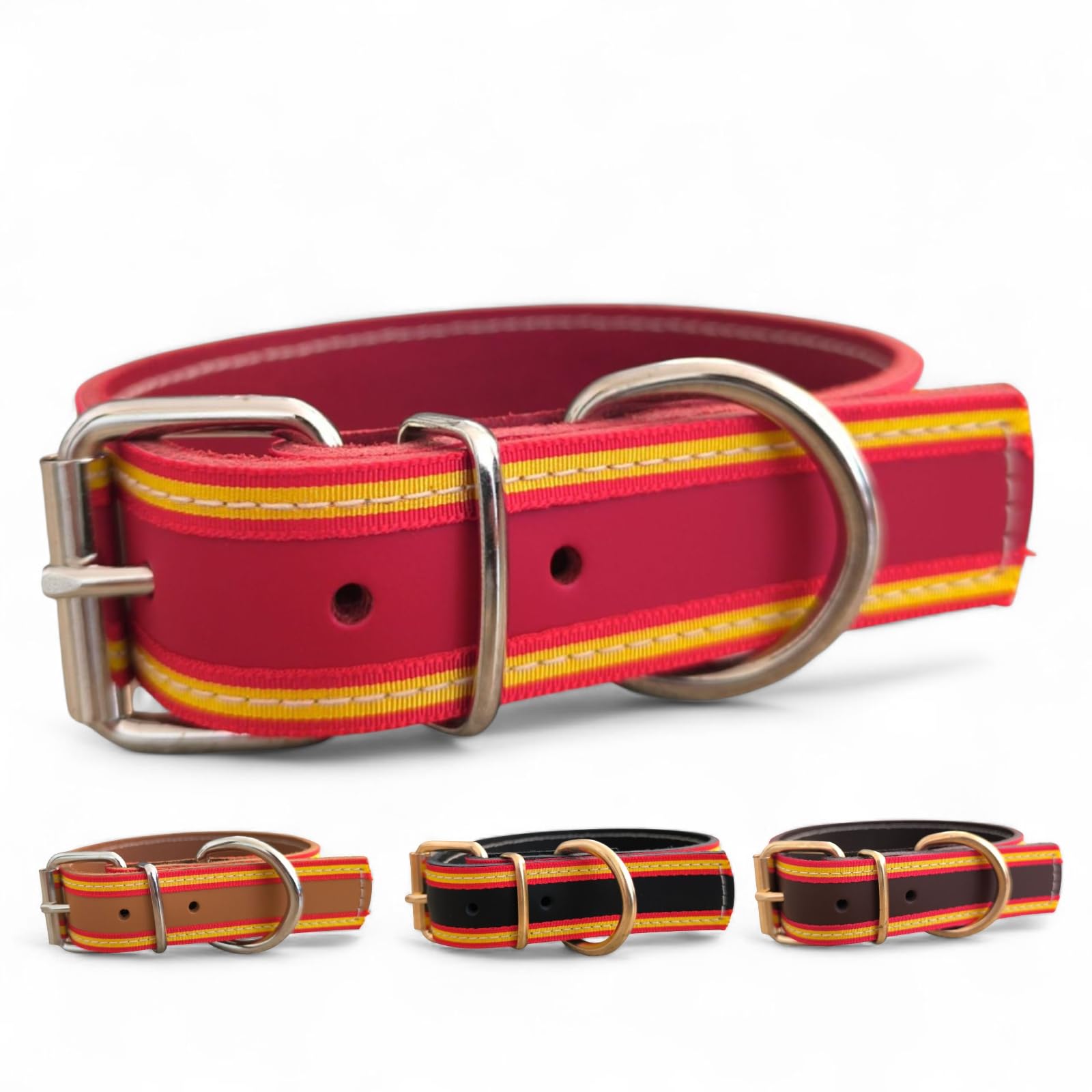 Collar de Cuero para Perro con Bandera de España, diseño Artesanal, Resistente y Elegante, Hecho a Mano con Materiales Premium. (Rojo, M/L: Rango de Cuello 37–47 cm)