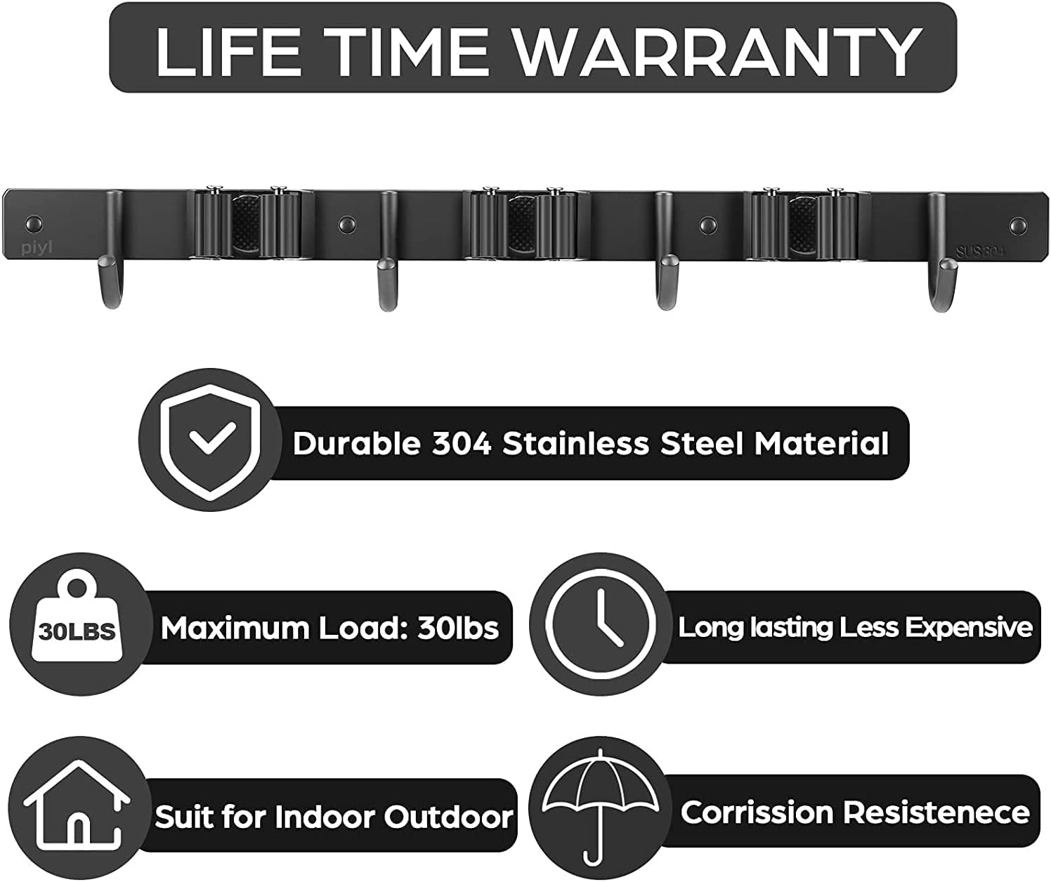 Piyl Mop and Broom Holder Wall Mount Heavy Duty Tool Organizer Home Garden Garage Storage Rack 2Packs(Black)