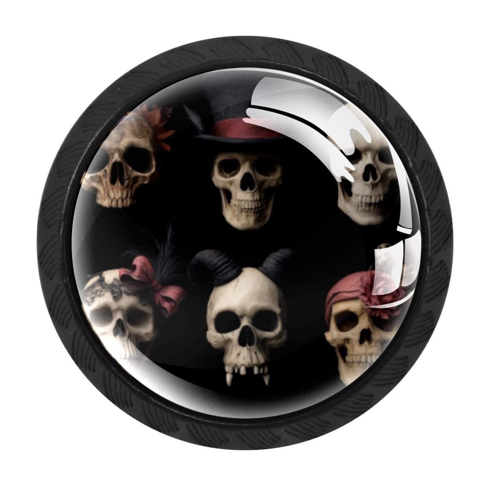 CHENZZZZ 4 Pack Black Halloween Scarry Skulls Drawer Knobs, Cabinet Knobs Round Glass Knobs for Kitchen Cabinet Hardware Bathroom 35MM