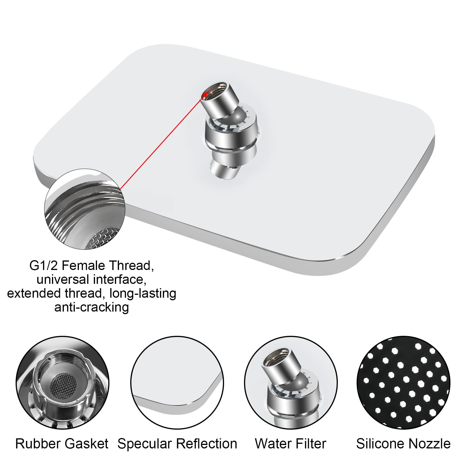 Rain Shower Head 12 Inch, 360° Adjustable High Pressure Rainfall Shower Head Square Built-in Shower Heads - Image 4