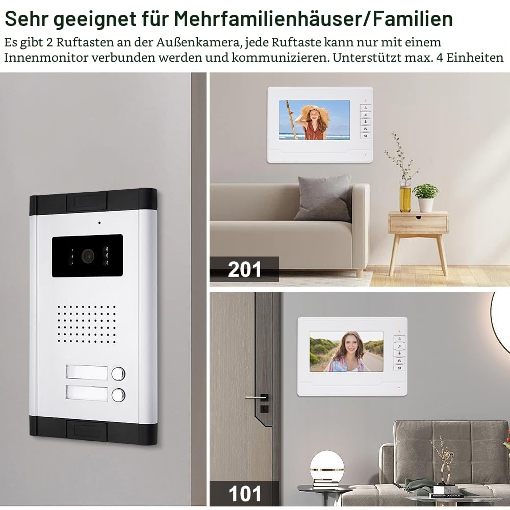 7-Zoll Video Türsprechanlage 2-Familienhaus, 4-Draht Gegensprechanlage, 1 Außenkamera und 2x 7 Zoll Monitor, Türsprechanlage mit Kamera, Zwei-Wege-Audio, Nachtsicht, 25 Klingeltöne