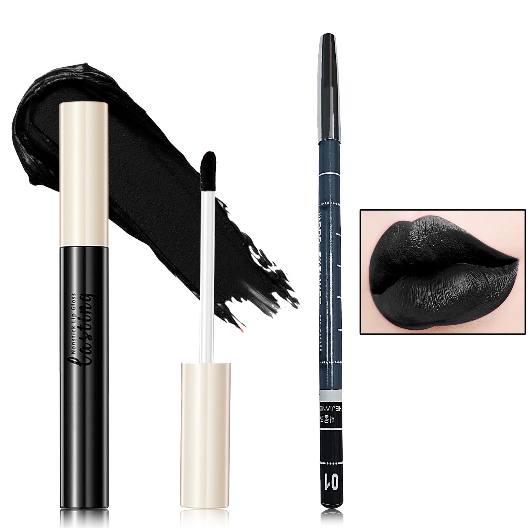 2 PCS Black Matte Liquid Lipstick and Lip Liner Set,Waterproof Velvet Dark Lip Gloss Stain Long Lasting Black Lip Liner and Lipstick Set for Halloween Cosplay Goth Lip Makeup Black1