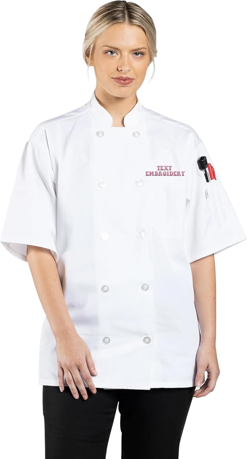Custom Embroidered Chef Coat Text Name Logo Personalized Unisex Chef Jacket Short Sleeve White