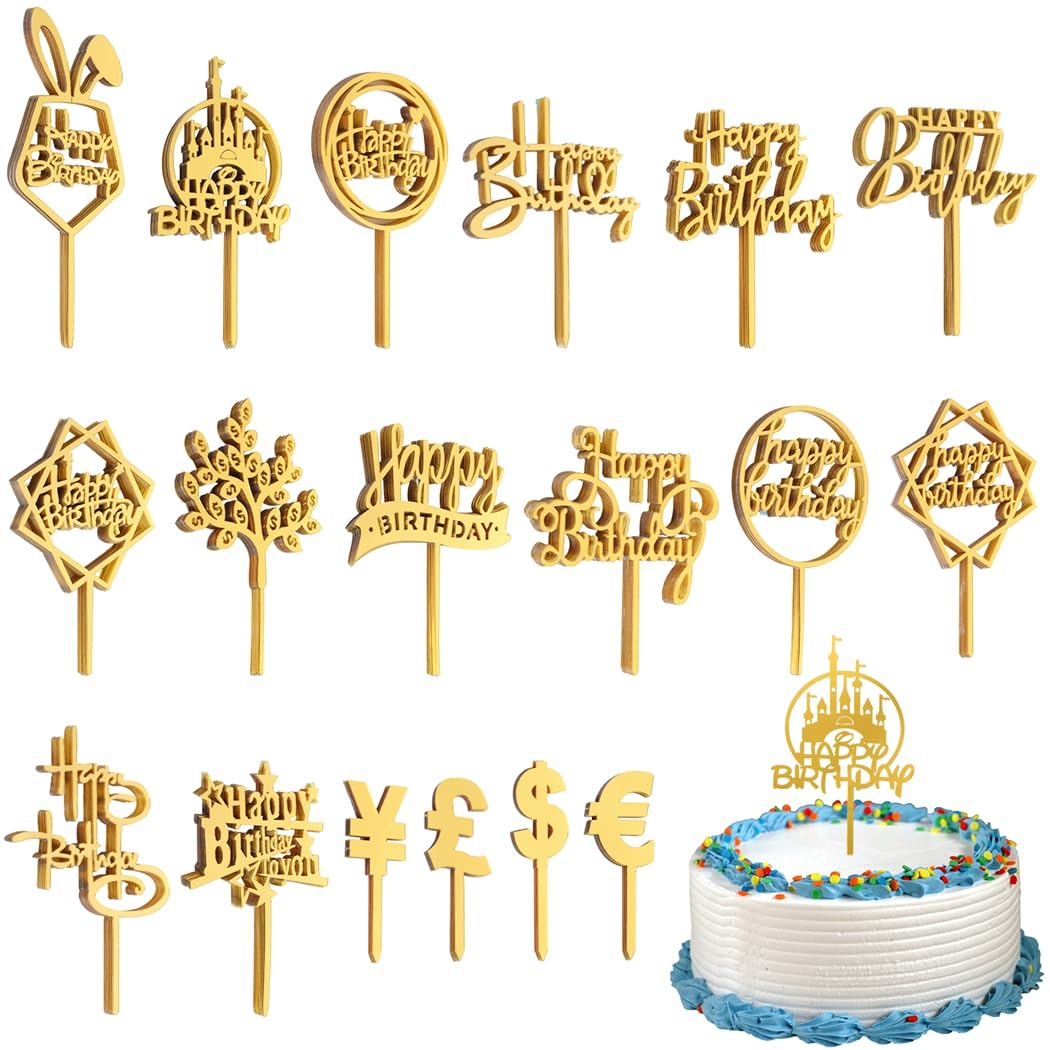 Gold Birthday Cake Topper Set, Happy Birthday Cake Toppers, 150-Pack Glitter Cupcake Toppers For Birthday Decorations, Double Side Acrylic Cake Toppers