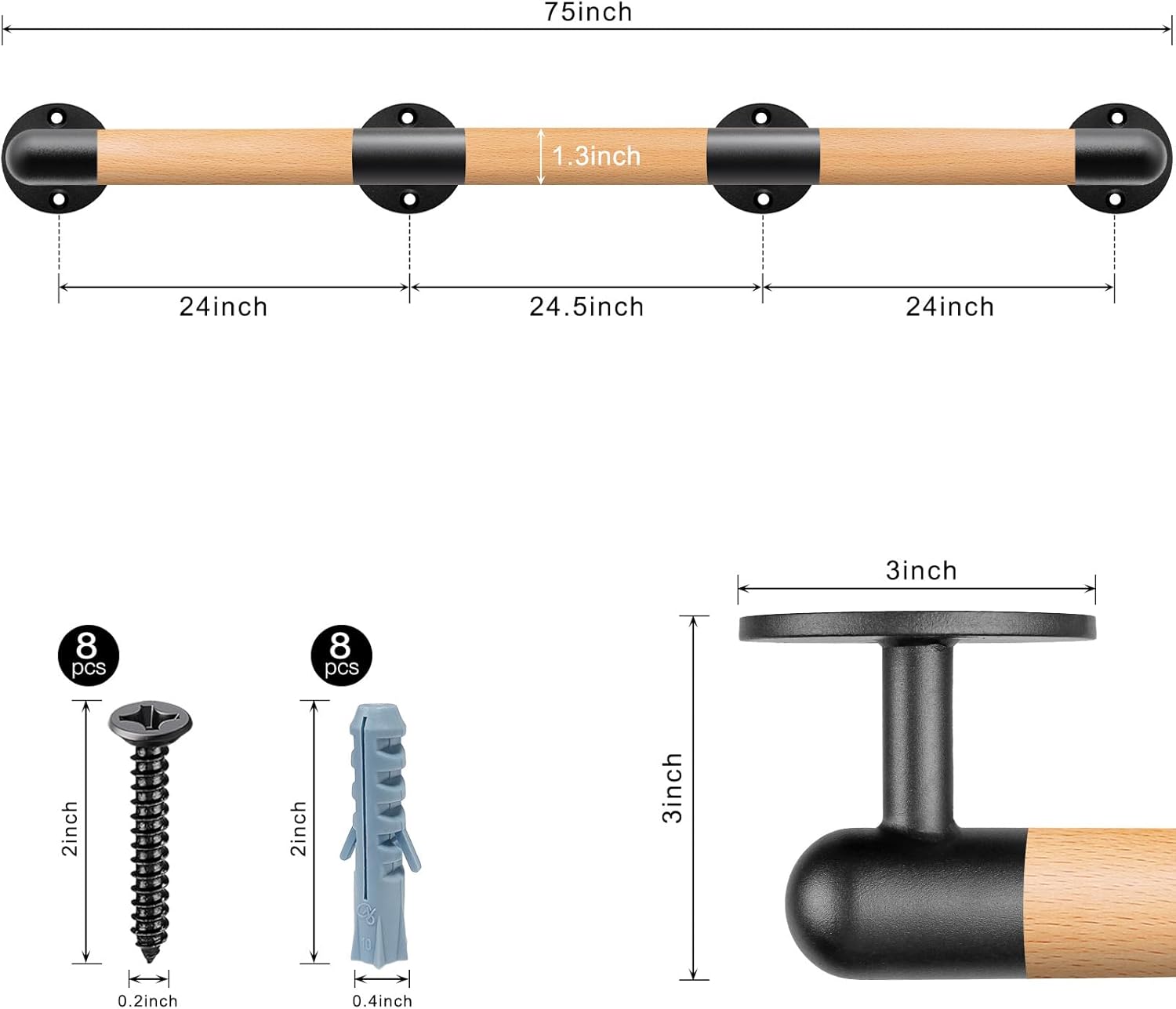SELEWARE 75" Wood Handrail Indoor Stairs Handrail Wall Mount Handrail w/Sturdy Metal Barckets, Barrier-Free Staircase Grab Bar for Elderly, 1.3 Inch Round