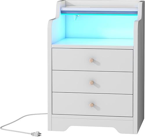 Gdvsclr Mesita de noche con estación de carga mesita de noche con luces LED mesita de noche de 3 cajones para dormitoriodormitorio mesita de noche