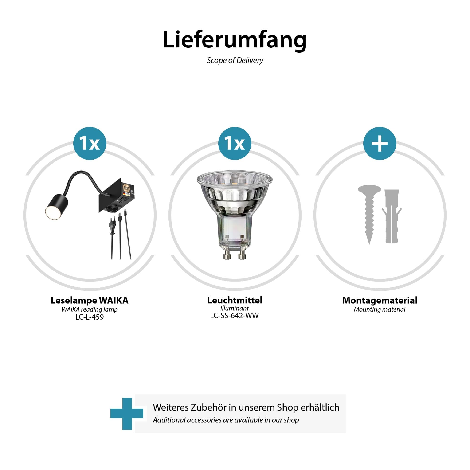 ledscom.de 2x Wandleuchte WAIKA, Schwanenhals, schwarz, Steckdose, USB-C, USB-A, inkl. LED GU10 Lampe 227lm, warmweiß