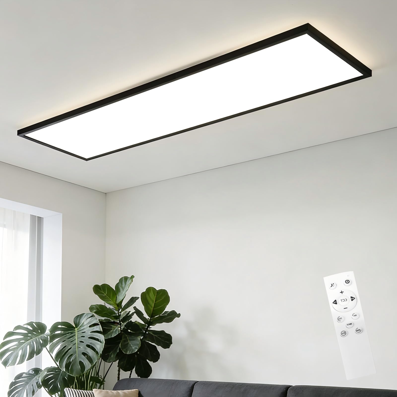 CBJKTX LED Panel 120x30 Deckenleuchte - Dimmbar Deckenpanel Lang Deckenlampe mit Fernbedienung Flach Bürolampe Decke 40W Küchenlampe Schwarz Tageslichtlampe für Büro Werkstatt Flur Küche Wohnzimmer