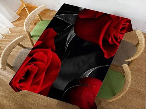 Miniatura 3 de Moslion Mantel rectangular decorativo con diseño floral de rosas rojas y hojas negras, para comedor, barbacoa, picnic, mesa auxiliar, 60 x 84