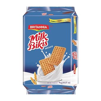 Britannia Milk Bikis Cookies 35.20oz 1kg - Cream Sandwiched Crispy Cookies - Kids Favorite Breakfast & Tea Time Snacks Pack of 1