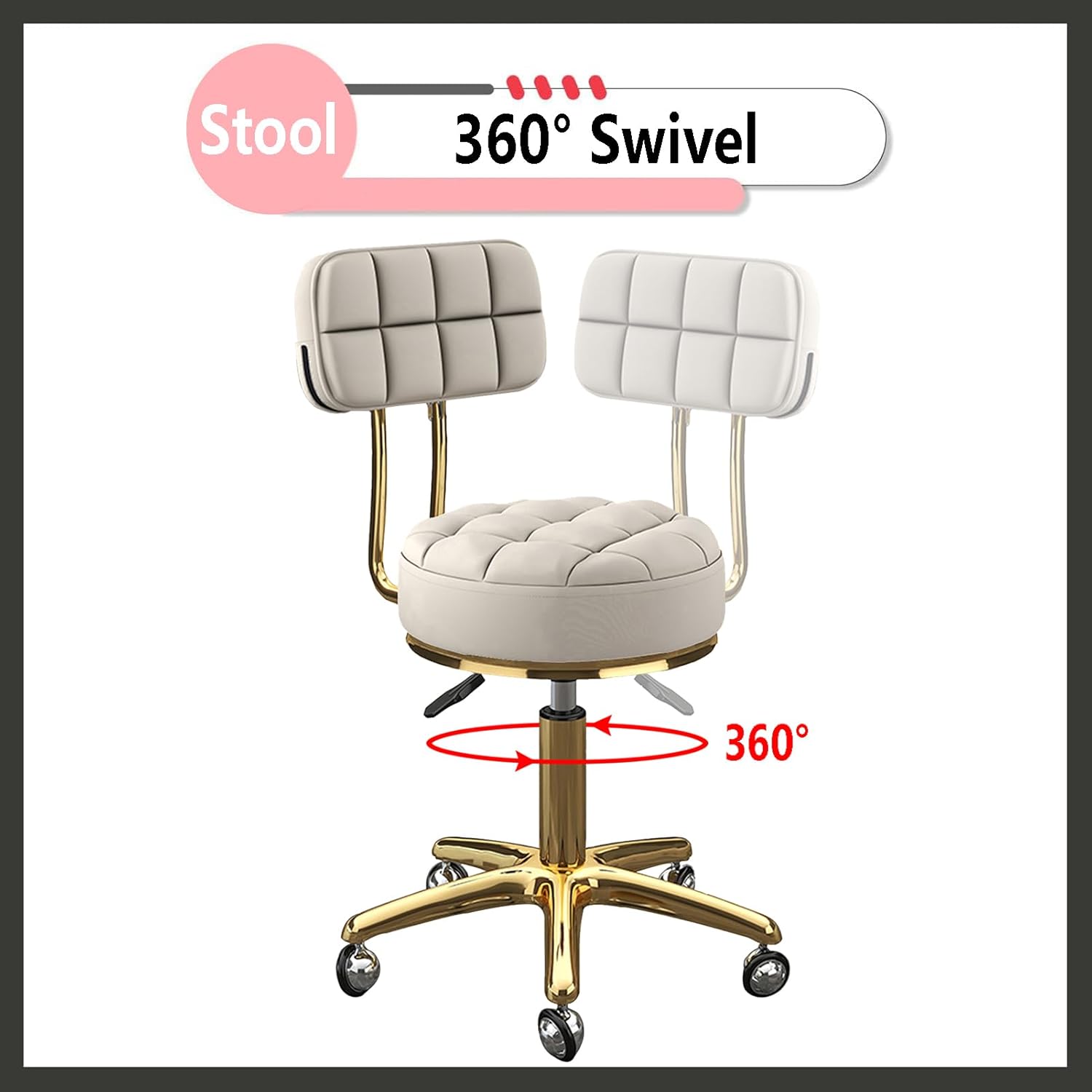 Round Rolling Stool Height Adjustable Swivel Chair, Dressing Counter Salon Stool with PU Leather Back and Seat, Titanium Gold 5 Claws and Globe Wheels(Color:Black)