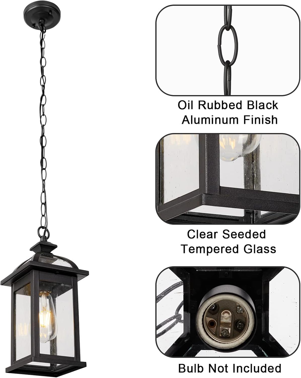 Darkaway Outdoor Pendant Light Fixture Lantern, Hanging Porch Light with Glass Aluminum Outdoor Pendant Lights for Porch, Patio, Entryway (2 Pack, Black)