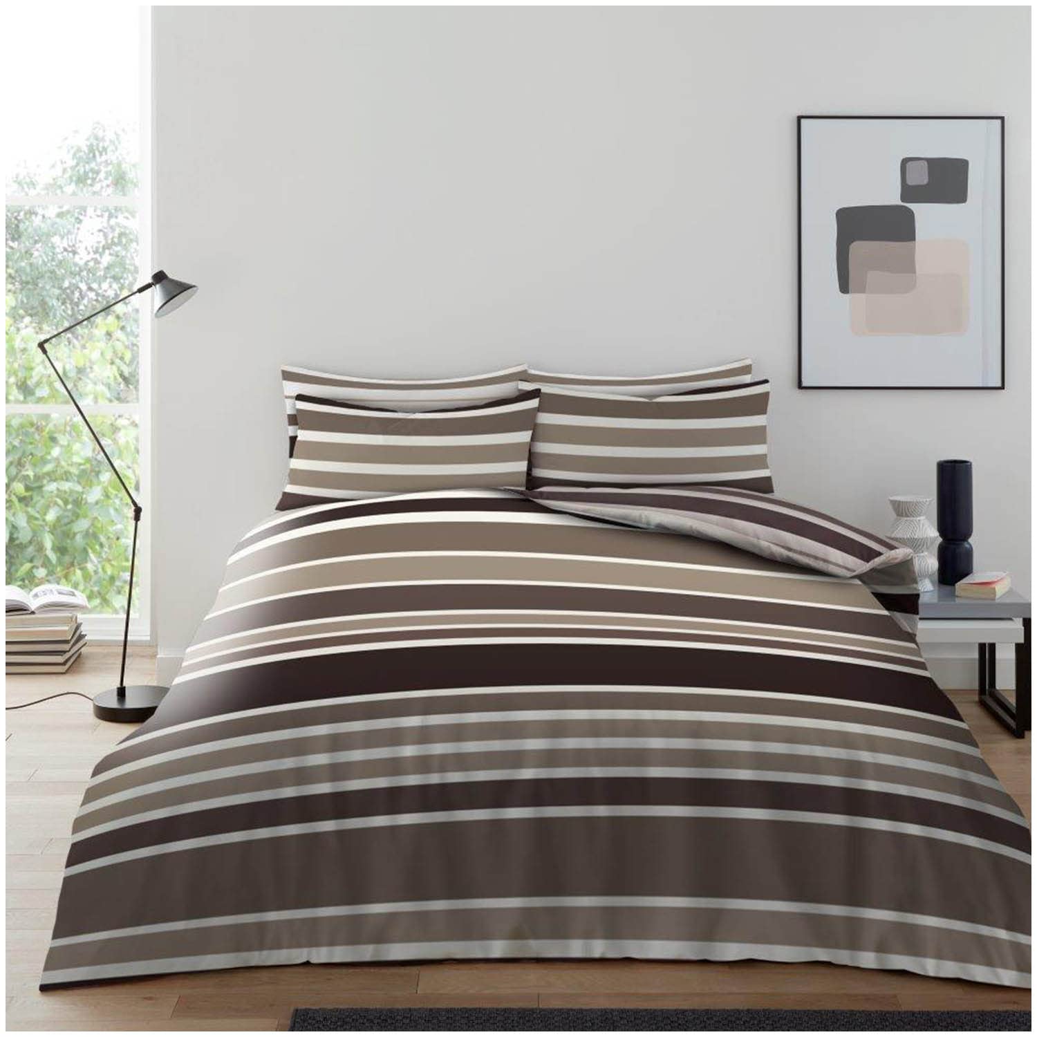 Super Dreamer Printed Complete Bedding Double Bed Set with Fitted Sheet, Polycotton Reversible Duvet Cover and Pillowcases, Natural