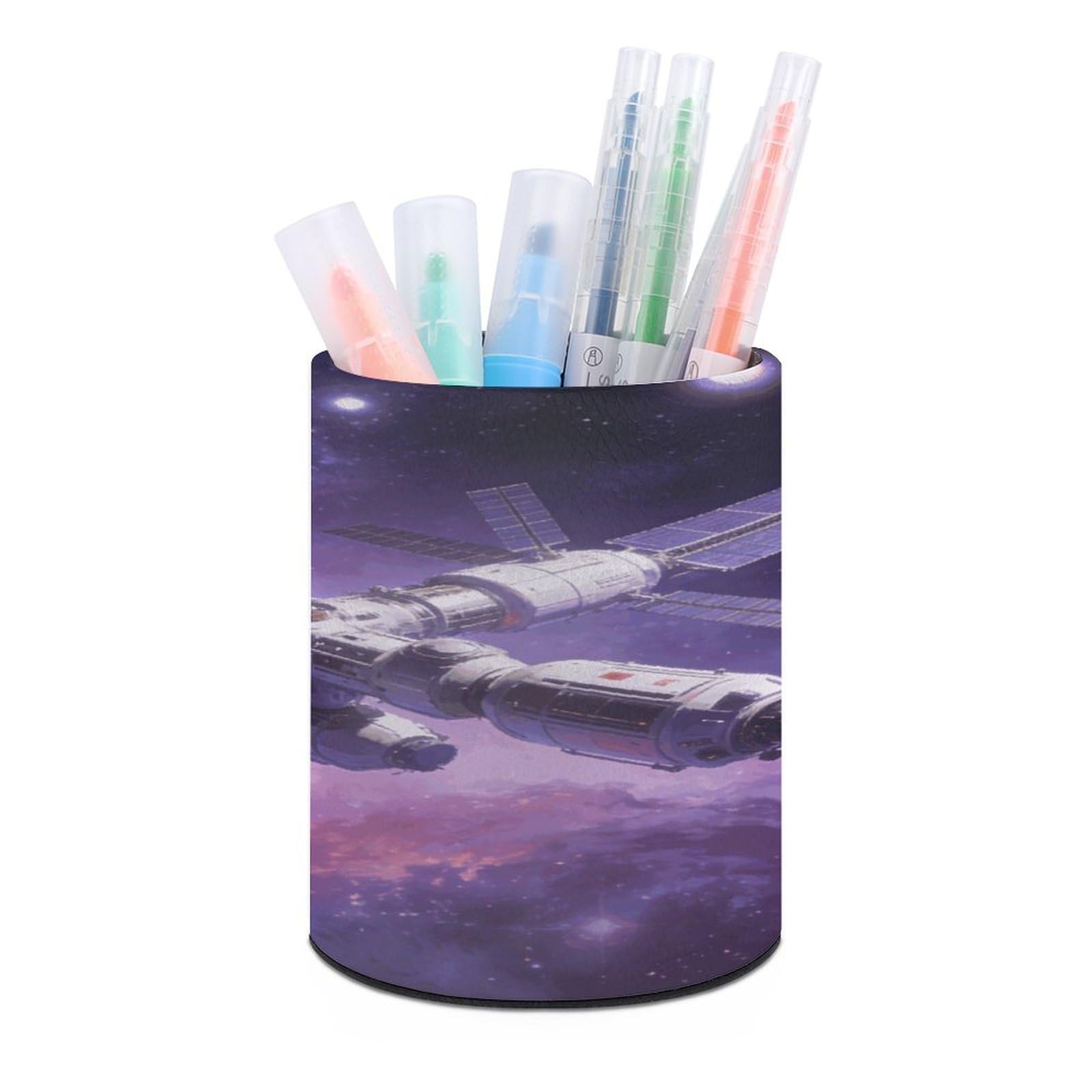 FekiLoot Round Leather Pen Holder - Multipurpose Desk Organizer, Modern Pencil Cup, Space Pencil Holder, Unique Makeup Brush Holders for Office Home Supplies & Gifts