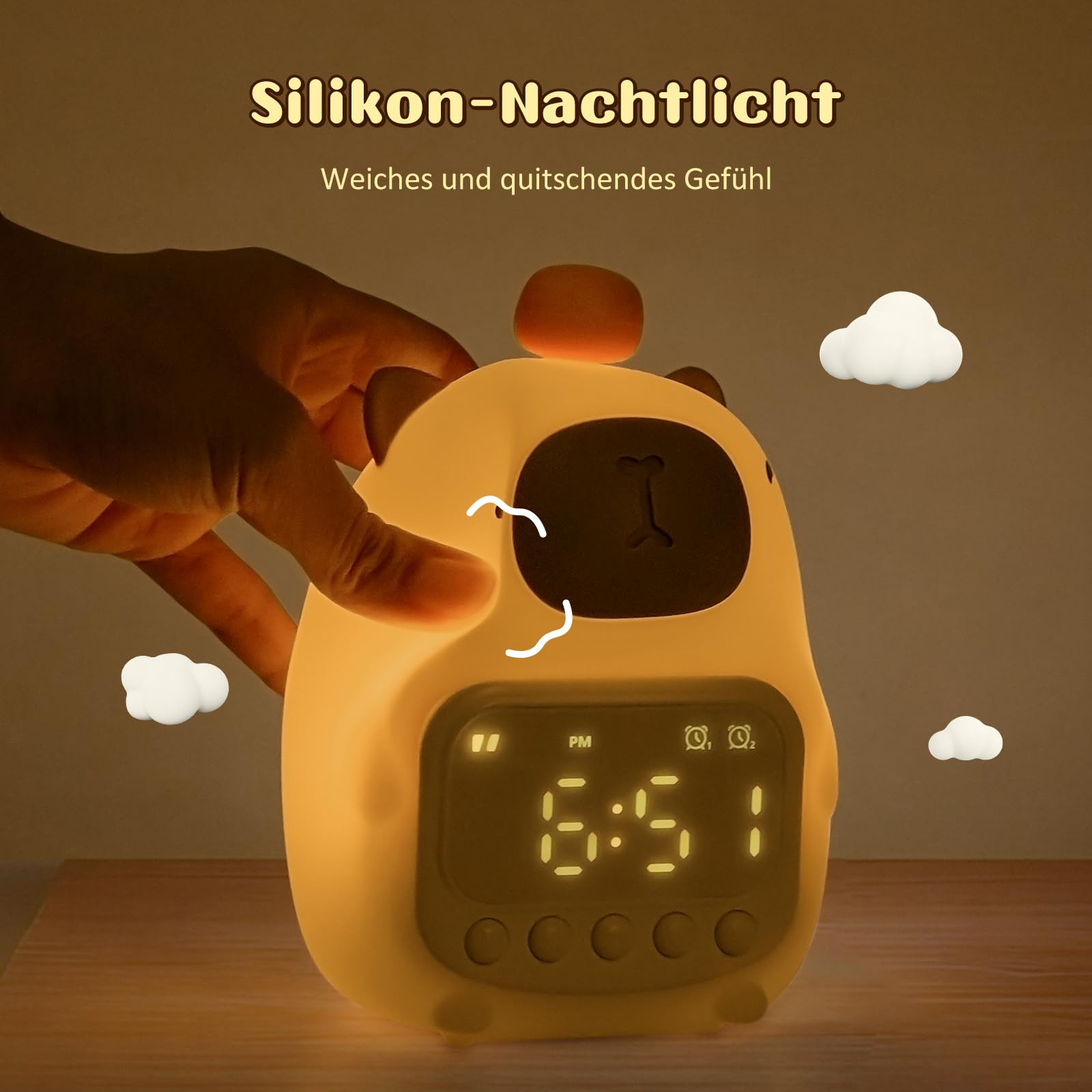 Yiliaw Capybara Wecker mit Nachtlicht für Kinder, 7 RGB-Farben Süße Wecker für Schlafzimmer, Ok to Wake Silikon Tier Tischlampe für Teenager-Mädchen und Jungen