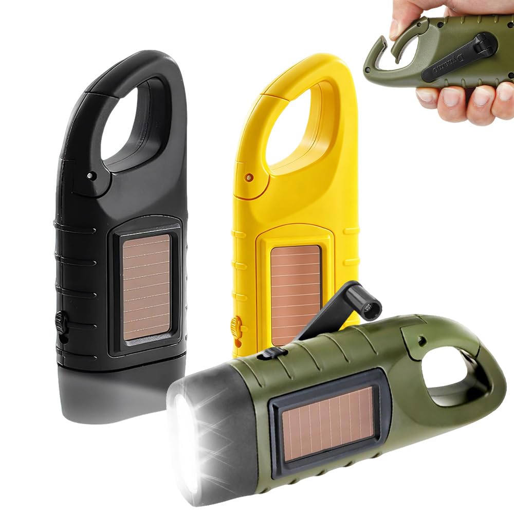 BIZOI 3 Pcs Wind Up Torch, Multi Power Emergency LED Hand Torch with with Carabiner Hook, Super Bright Solar Emergency Flashlight for Camping, Hiking, Outdoor, Survival Gear (Yellow, Green, Black)