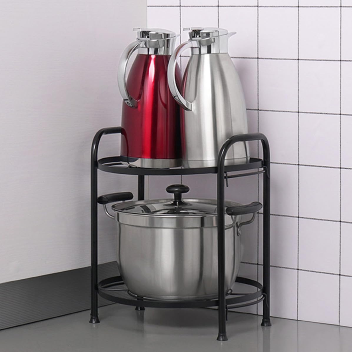 Estante de Almacenamiento Diseño Desmontable de Dos Capas, Fácil de Limpiar y Mantener para Ollas y Sartenes de Hierro Negro para Cocina Organizada