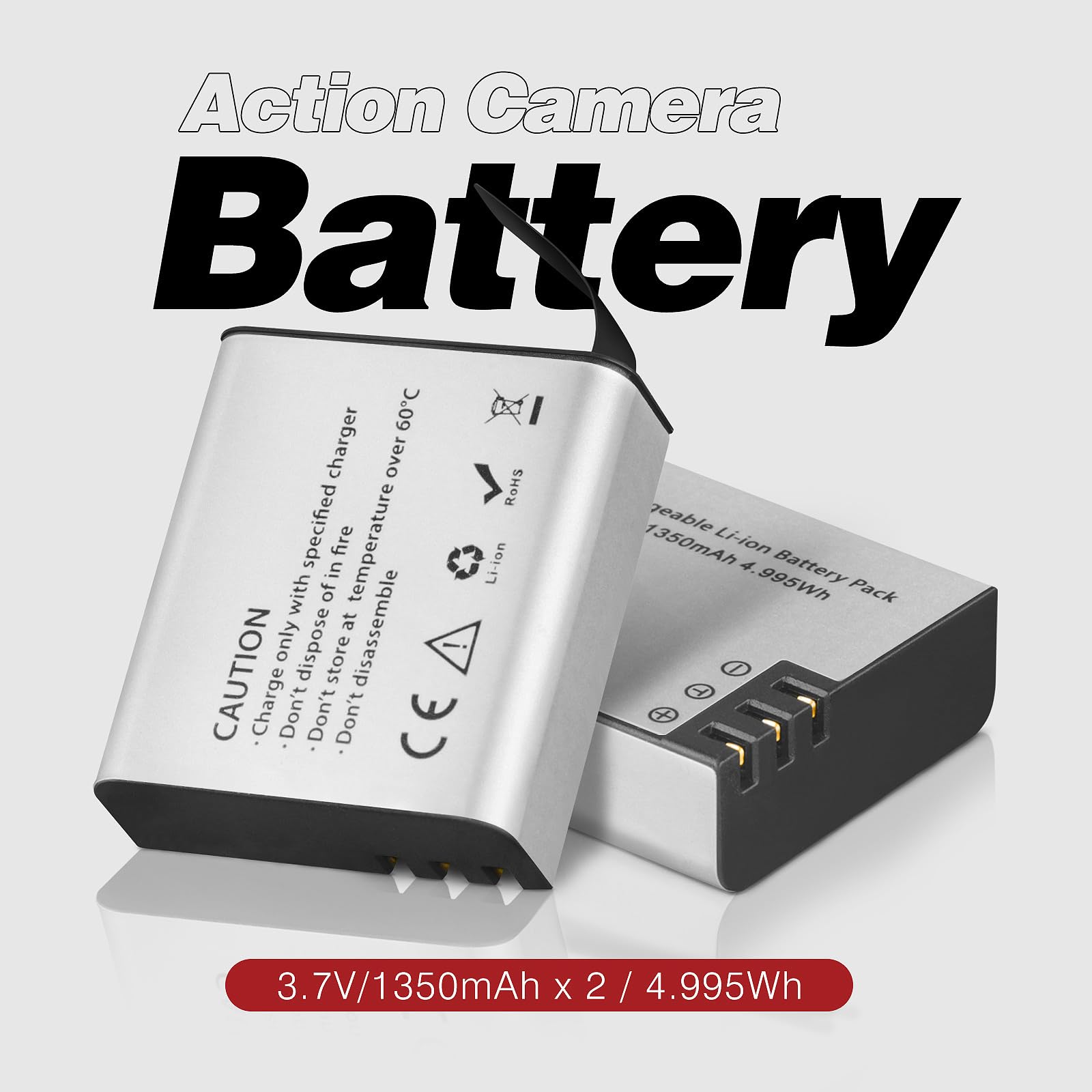 Akumulator Action Cam, 2-pak baterii 1350mAh do AKASO EK7000/Brave 4/V50X, Apexcam, COOAU, Dragon Touch, Crosstour, Campark, APEMAN, Surfola, Exprotrek, S009R, PG1050