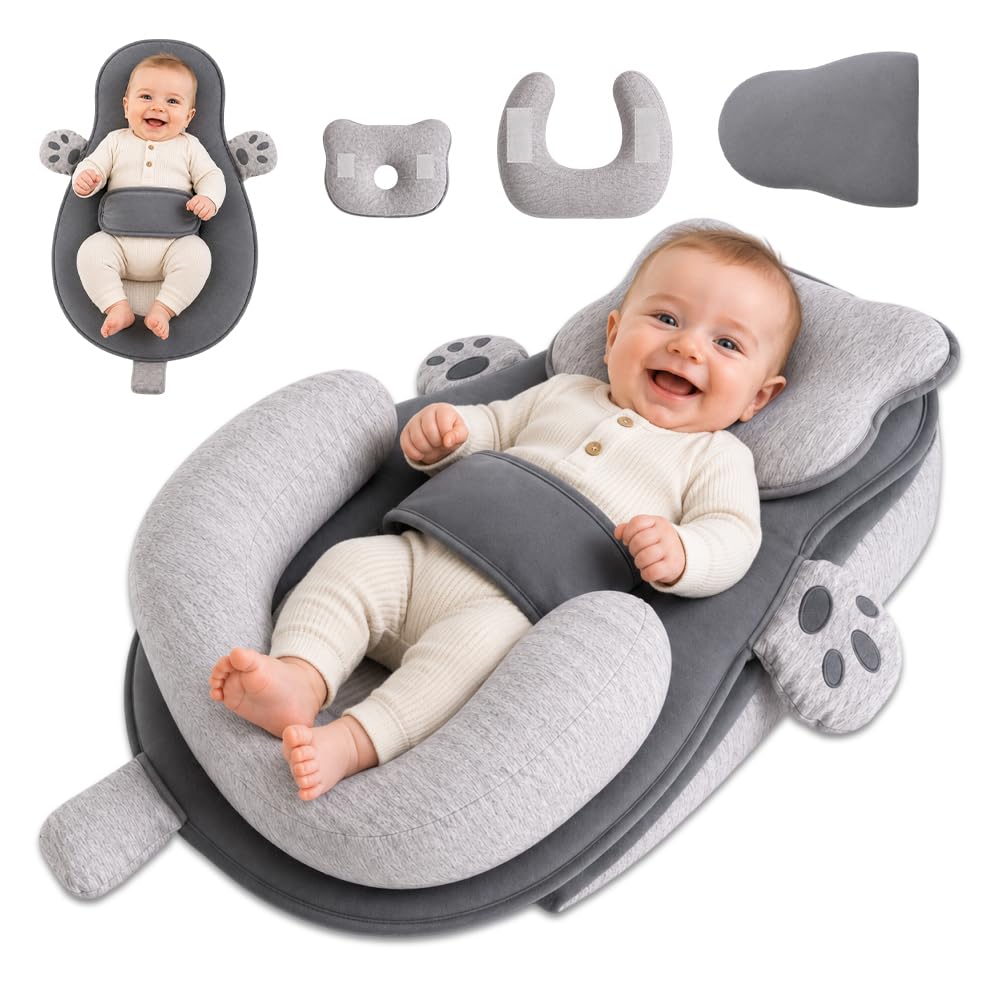 Réducteur de Lit Bébé, 15° Coussin Anti Reflux Bébé Ergonomique avec Coussin en Silicone et Repose-Pied en U, Détachable et Lavable Cale Bébé pour Nouveau-Nés, Réduire Les Régurgitations, Gris