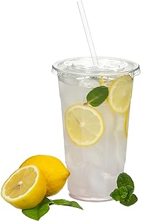 100 Sets (16oz) Disposable Crystal Clear Plastic Cups with Flat Lids and Straws
