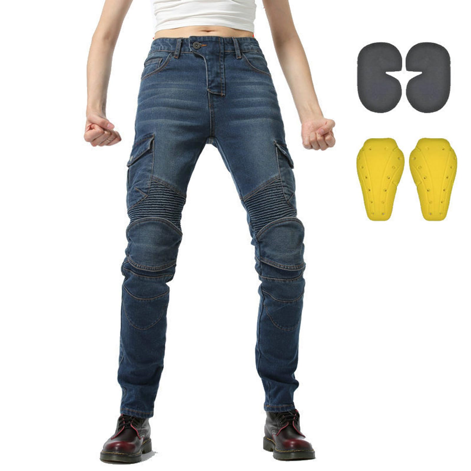 Generisch Pantalones vaqueros de moto para mujer, ajustados, con protectores, protectores de rodilla y cadera, modishes biker pantalones para mujer pantalones vaqueros elásticos vaqueros vaqueros de