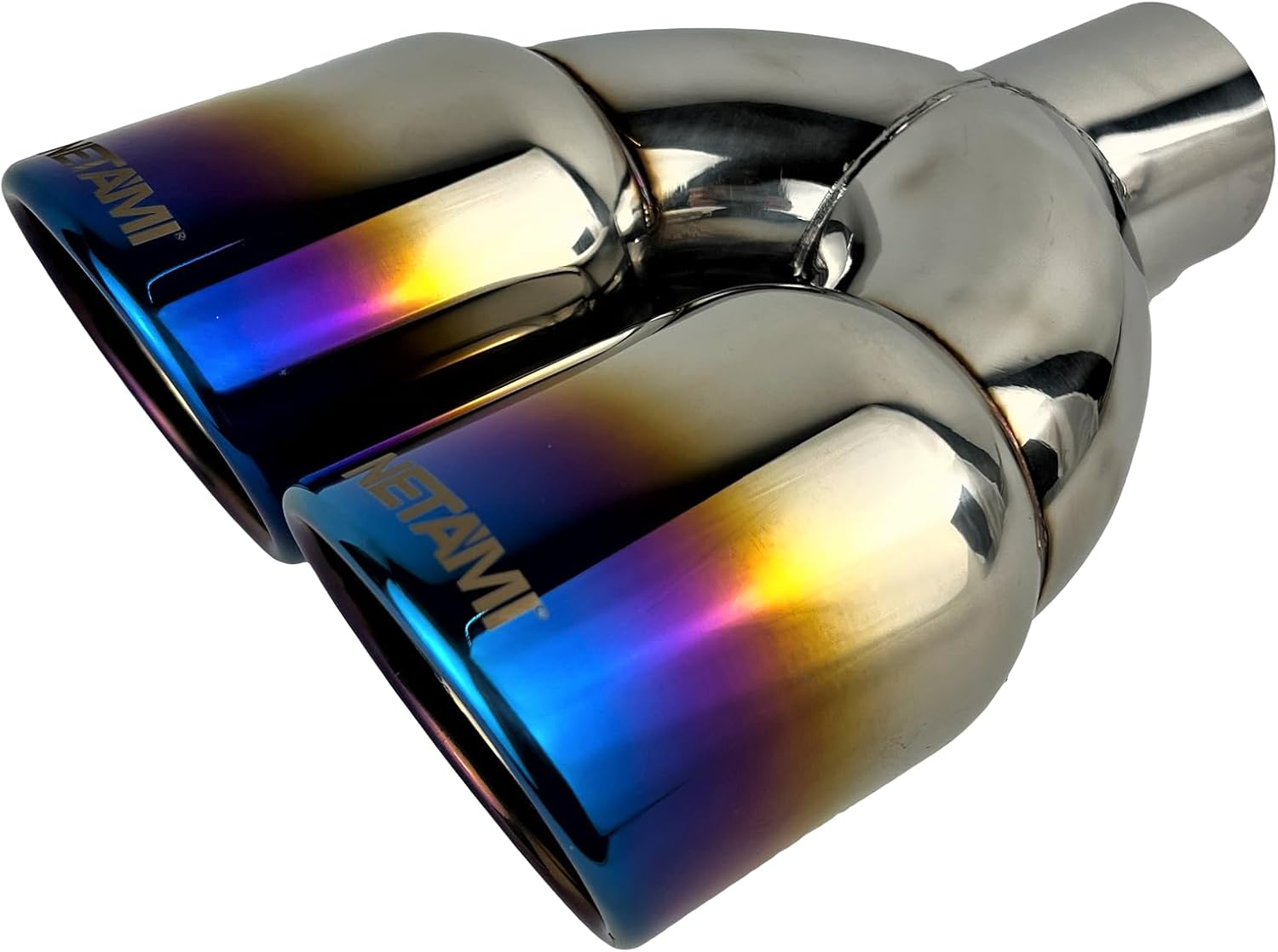 NETAMI 2.25' Inlet to 3.5" Dual Outlet Stainless Steel Exhaust Tip Rolled Edge Double Wall Chrome Polished