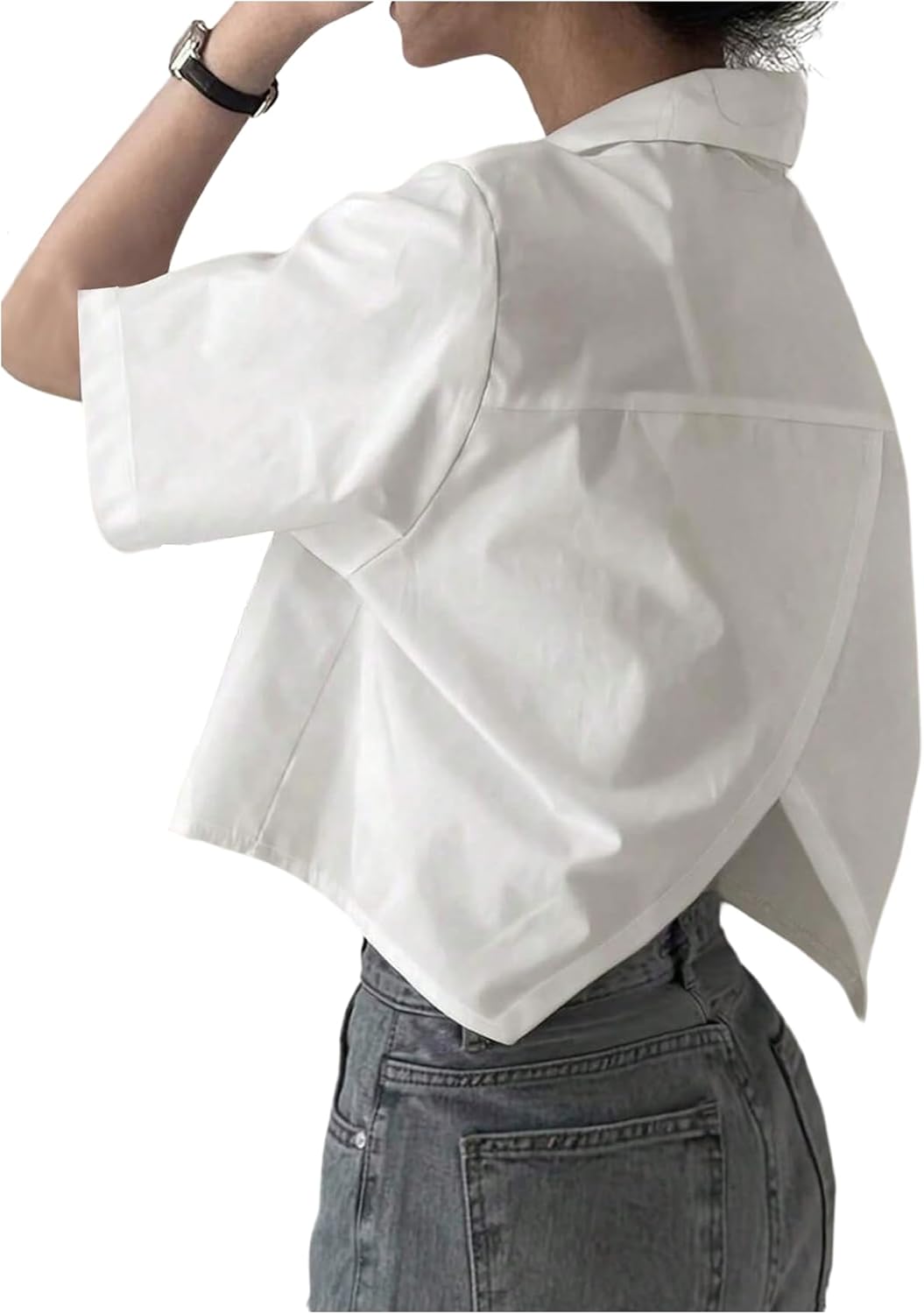 SweatyRocks Women's Casual Button Down Shirt Short Sleeve Stand Collar Tops Trendy Work Blouses