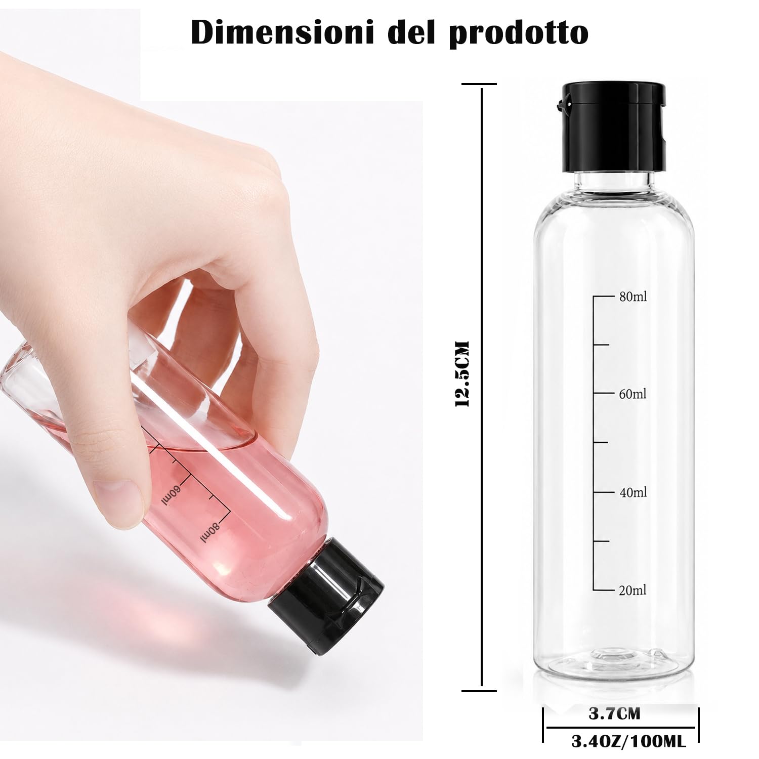 bottiglie da viaggio da 100 ml di plastica vuote,5 PCS flaconi da viaggio vuoti trasparenti per aereo ,Kit Contenitori Viaggio Liquidi in plastica, flacone trasparente per shampo lozione tonico viso