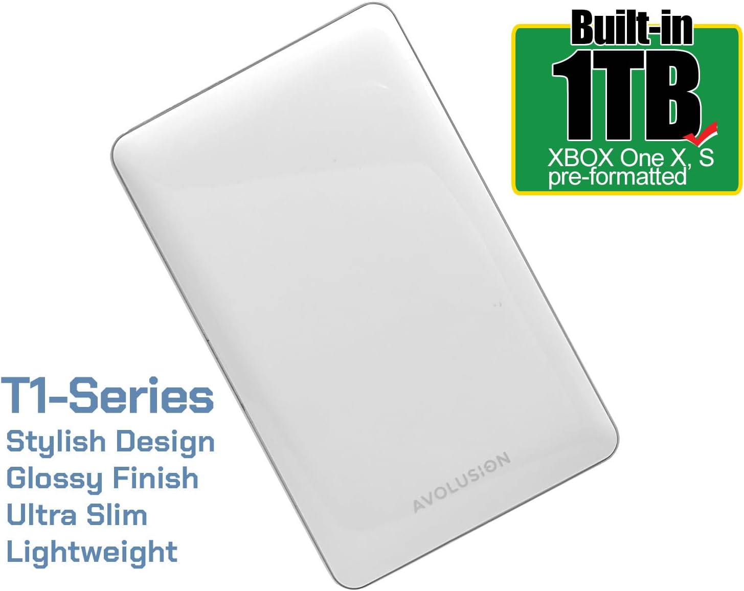 Avolusion T1 Series 1TB USB 3.0 Portable External Gaming Hard Drive (for Xbox One X, S & Series X|S - Pre-Formatted) White