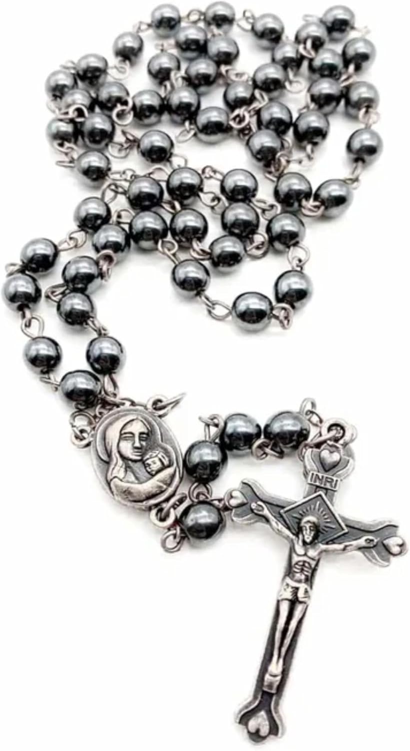 Nazareth Store Hematite Rosary Beads Black Stone Catholic Rosary Necklace with Jerusalem Holy Soil & Cross Antique Religious Rosaries Beads Collection