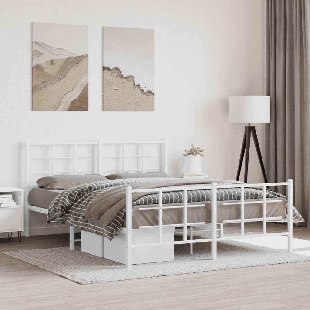 White Steel Bed Frame King Size Platform Foundation with Sturdy Slatted Support Modern Minimalist Bedroom Furniture for Mattress Stability