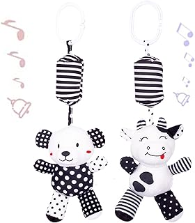 Baby Car Seat Toys, Black White Stroller Toy, Hanging Rattle Toys for Crib Mobile, Newborn Sensory Toy for 0-12 Months (Calf/Panda)