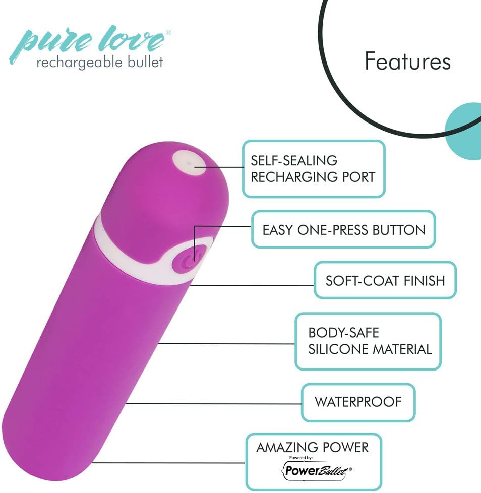 Pure Love Rechargeable Vibrating Bullet Purple, Waterproof, Multispeed and Multifunction, Adult Sex Toy