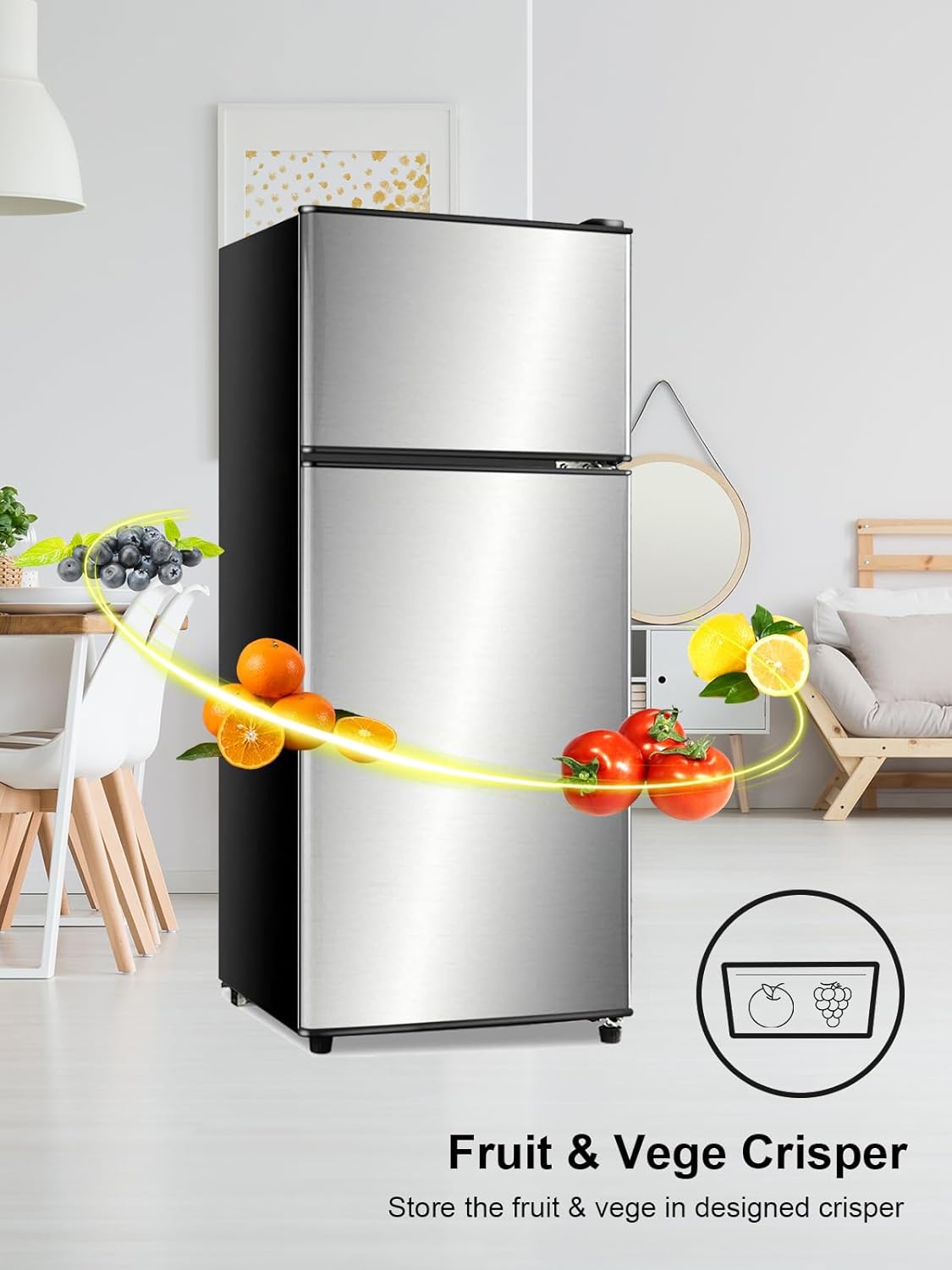 KRIB BLING Refrigerator with Freezer 3.8 Cu.Ft with 7 Level Adjustable Thermostat Control 2 Door Lock Fresh Energy Saving Top-Freezer Compact Refrigerator Silver