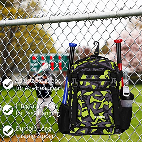 Zoea Baseball Bat Bag Backpack, T-Ball & Softball Equipment & Gear For Youth, Large Capacity Holds 2 Bats, Helmet, Gloves, Cleats, Helmet Holder And Includes Fence Hook (Green) #TOP6