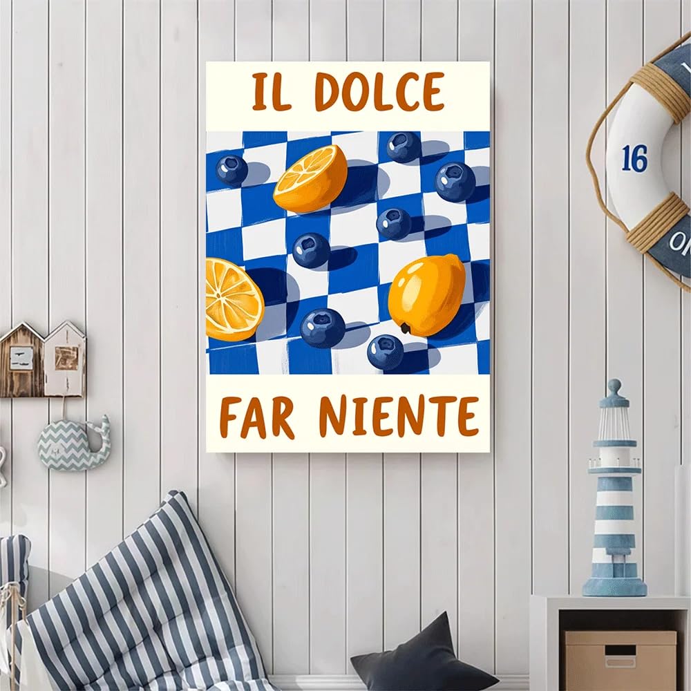 GKUVBF Toile imprimée à carreaux citron et myrtilles d'été italien, affiche décorative botanique de fruits frais (60x80cm/cadre intérieur)