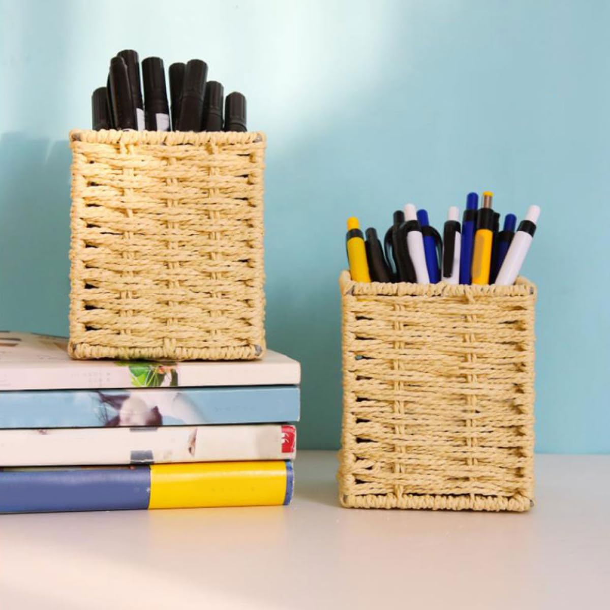 VILLCASE 2 Cajas De Papelería Decorativas Contenedor De Bolígrafos Tejido Portalápices De Algas Marinas Contenedores De Escritorio De Oficina Cesta De Almacenamiento