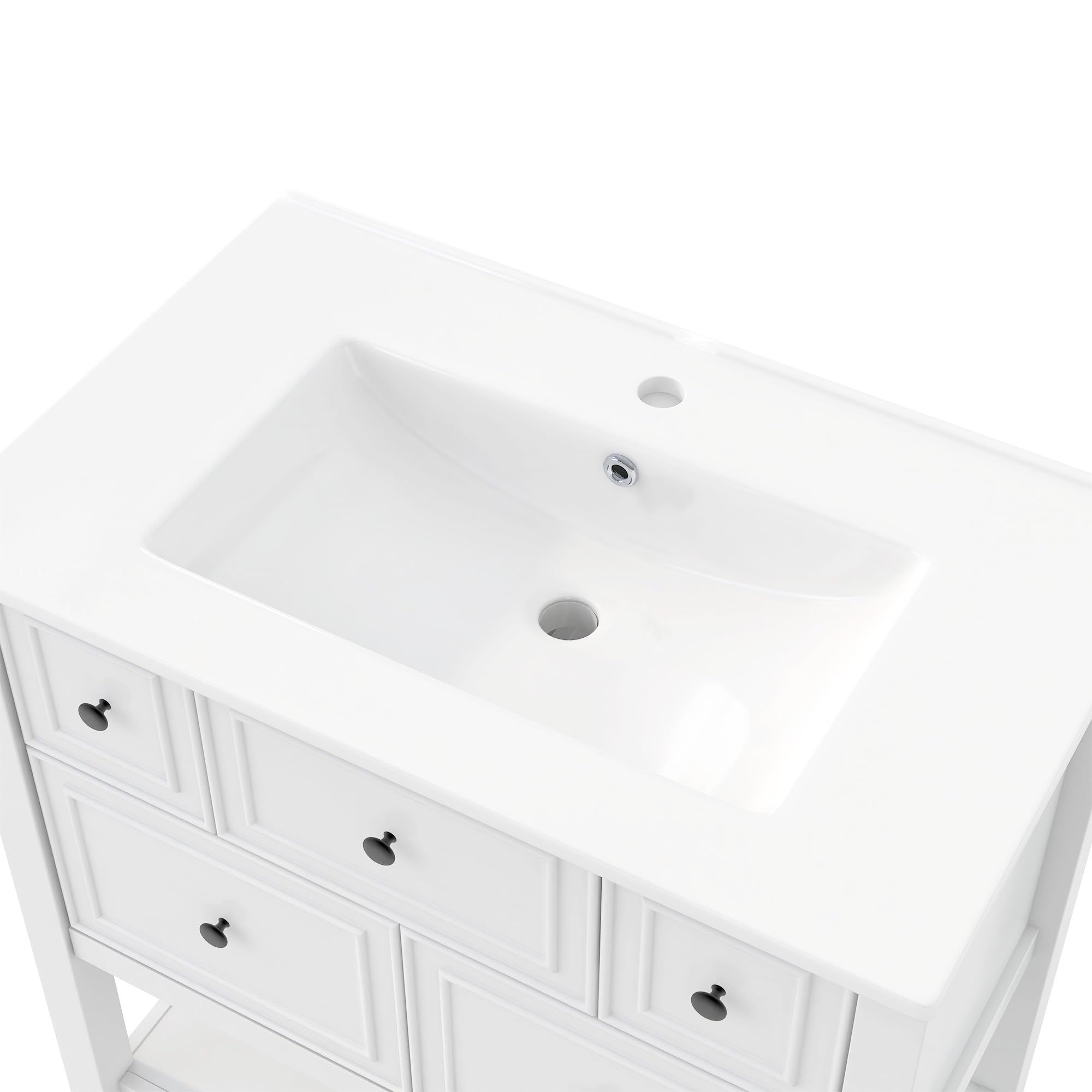 Mobile sottolavabo bianco con lavabo in ceramica, 76 cm, autoportante, con 5 cassetti e ripiano aperto, per bagno di casa e WC degli ospiti
