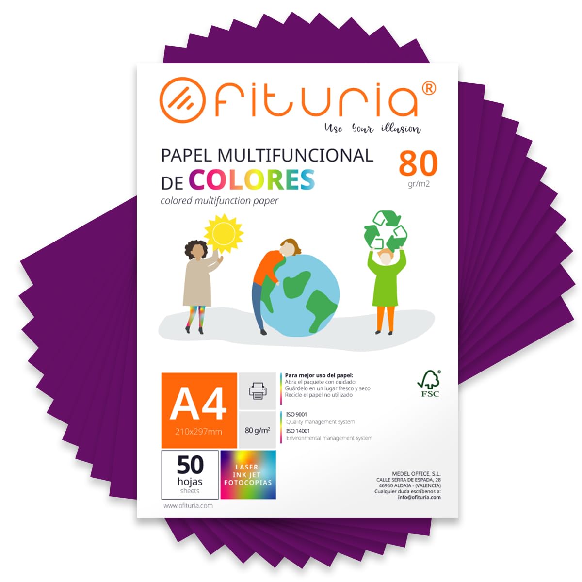 Coloured Sheets, Pack 50 Sheets A4 80 g – Coloured Paper for Crafts, Printer, Scrapbooking – Folios Colours – Ideal Origami, Papiroflexia, Office and School (Purple, 50h)