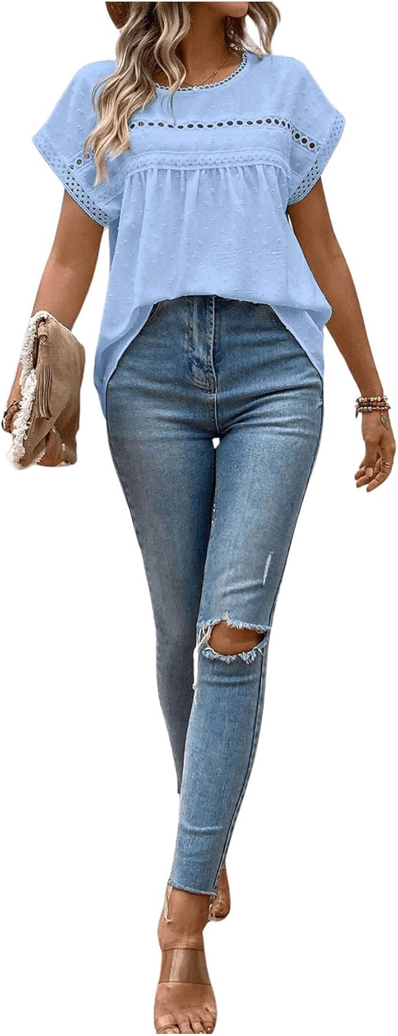 SweatyRocks Women's Crewneck Short Sleeve Blouses Casual Lace Crochet Loose Fit Blouse Shirts Going Out - Image 5