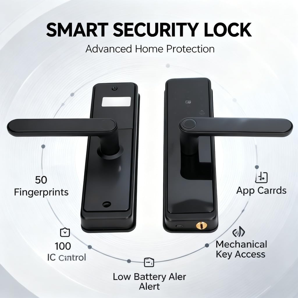 Combination Door Lock Digital Handle Keyless Entry, Fingerprint Knob with Biometric Electronic Passcode - Anti Theft Security, Remote Password Sharing, Indoor Outdoor Use