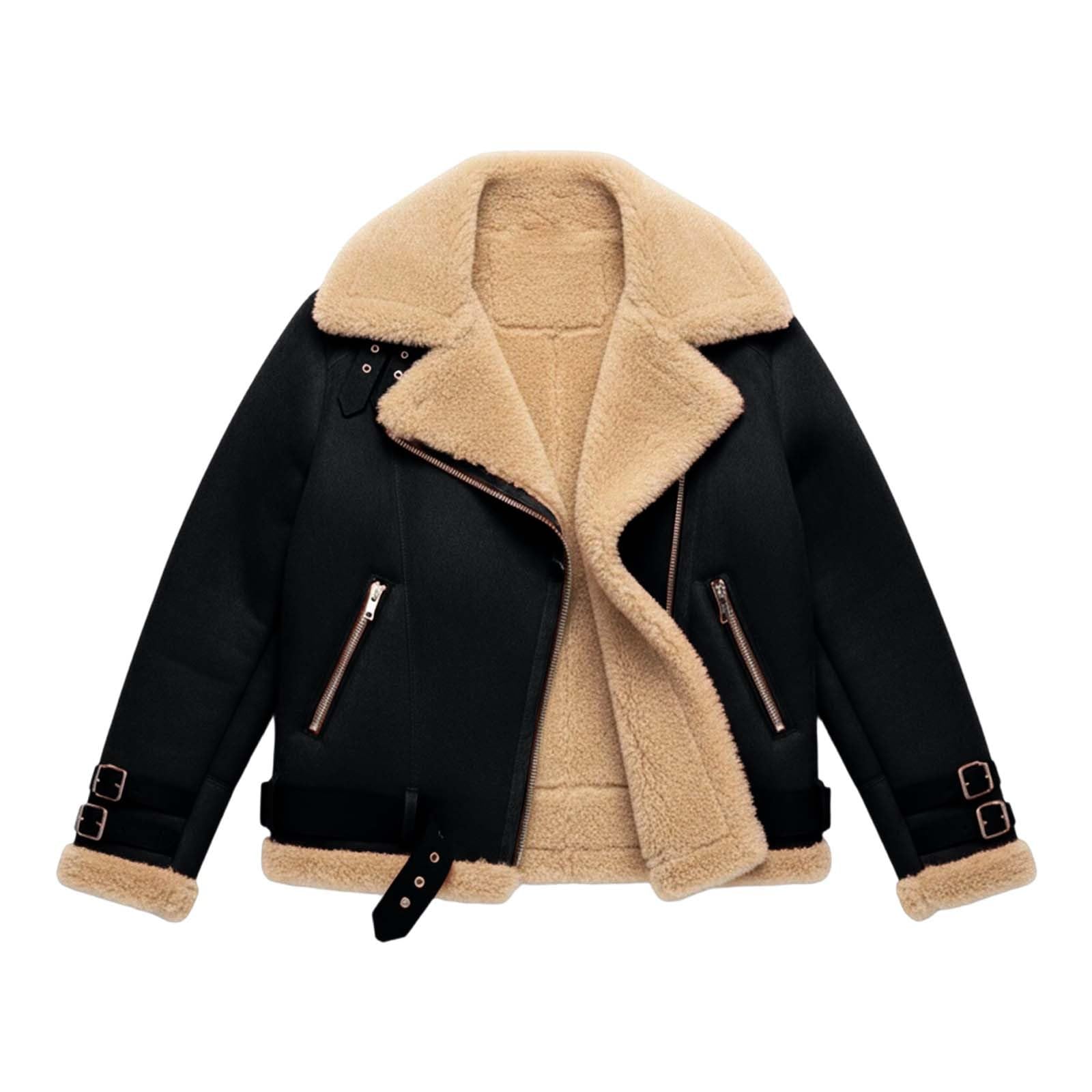 Generisch Lederjacke Damen Gefüttert Winterjacke Innenfutter Fellkragen Wildlederjacke Winddicht Revers Wintermantel Innen Fell Fleece Motorrad Vintage Teddyjacke,S-3XL