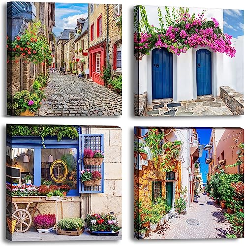 Image of Italy Tuscan Wall Art, Colorful Nature Scenic Framed Pictures Canvas Prints, Modern Town Street Artwork Paintings for Living Room, Bedroom, Office Wall Decor 16 inchx16 inch
