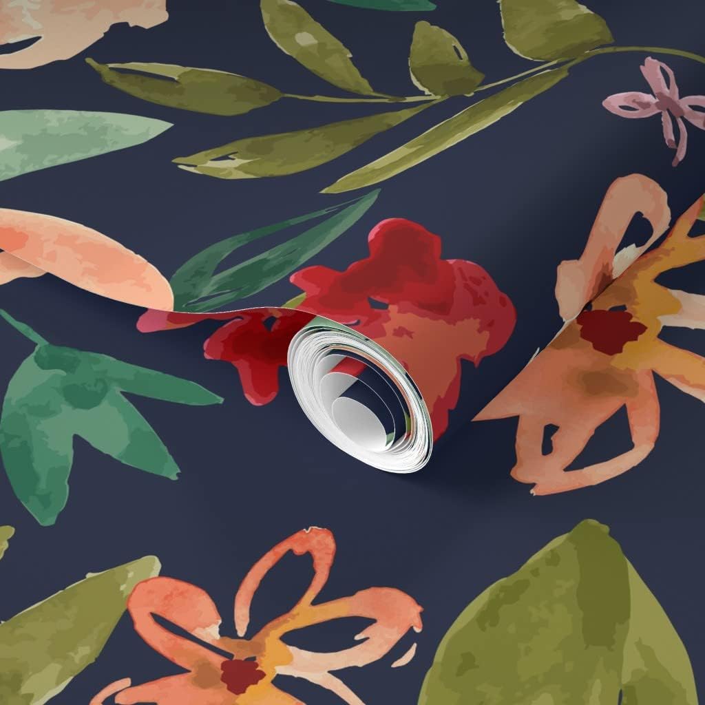 Removable Wallpaper 6ft x 2ft - Hand Painted Floral Navy Large Pink Blue Bloom Peach Winter Custom Pre-Pasted Wallpaper by Spoonflower