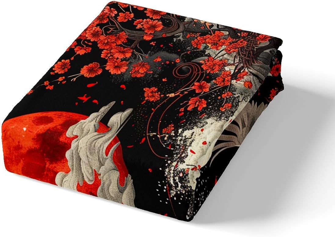 Erosebridal Vintage Japanese Art Bed Set Retro Ukiyoe Duvet Cover, Chic Cherry Blossom Flower Queen Bedding Sets Crane Wildlife Animal Comforter Cover, Red Sun Print Ocean Wave Bed Cover
