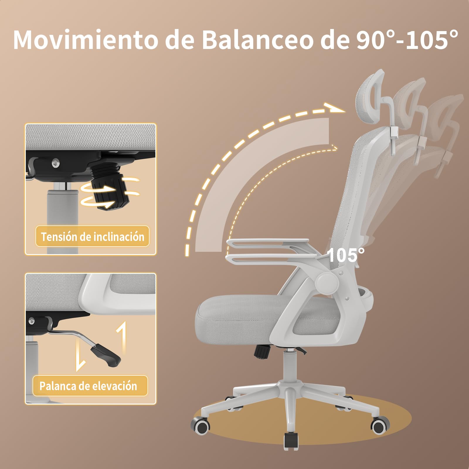 naspaluro Silla Oficina Ergonómica, Silla Escritorio con Reposacabezas | Reposabrazos Abatibles, Asiento Transpirable de Malla, Silla Giratoria para Ordenador, Homeoffice y Gaming Gris
