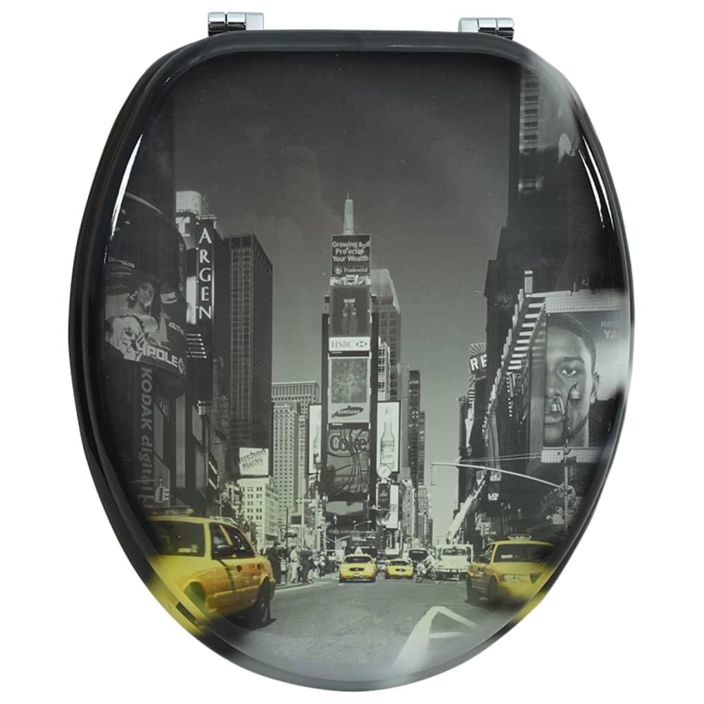 Asiento de inodoro con asiento de MDF New York, material resistente, 43,7 x 37,8 cm, bisagras de cromo y zinc ajustables de 12 a 20 cm, universal, apto para baño, invitados, fácil de limpiar y
